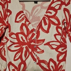 INC International Concepts Red and Cream Cardigan, Soft Rayon 3/4 Sleeve W/Ruche